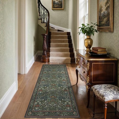 GENIMO 2x6 Runner Rug - Non-Slip Washable Vintage Boho Floral Carpet | Soft Low Pile for Hallway & Entryway, Dark Green