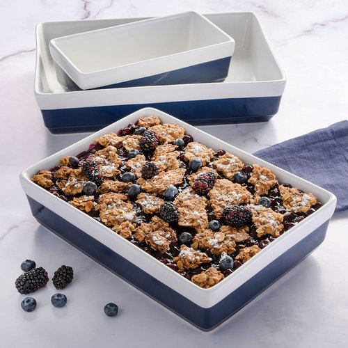 Martha Stewart 3-Piece Stoneware Bakeware Set - Durable Cobalt Blue Baking Dishes for Oven & Table