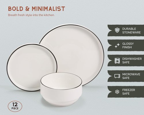Cambridge Classics 12-Piece Ceramic Dinnerware Set - Round, Microwave & Dishwasher Safe for 4
