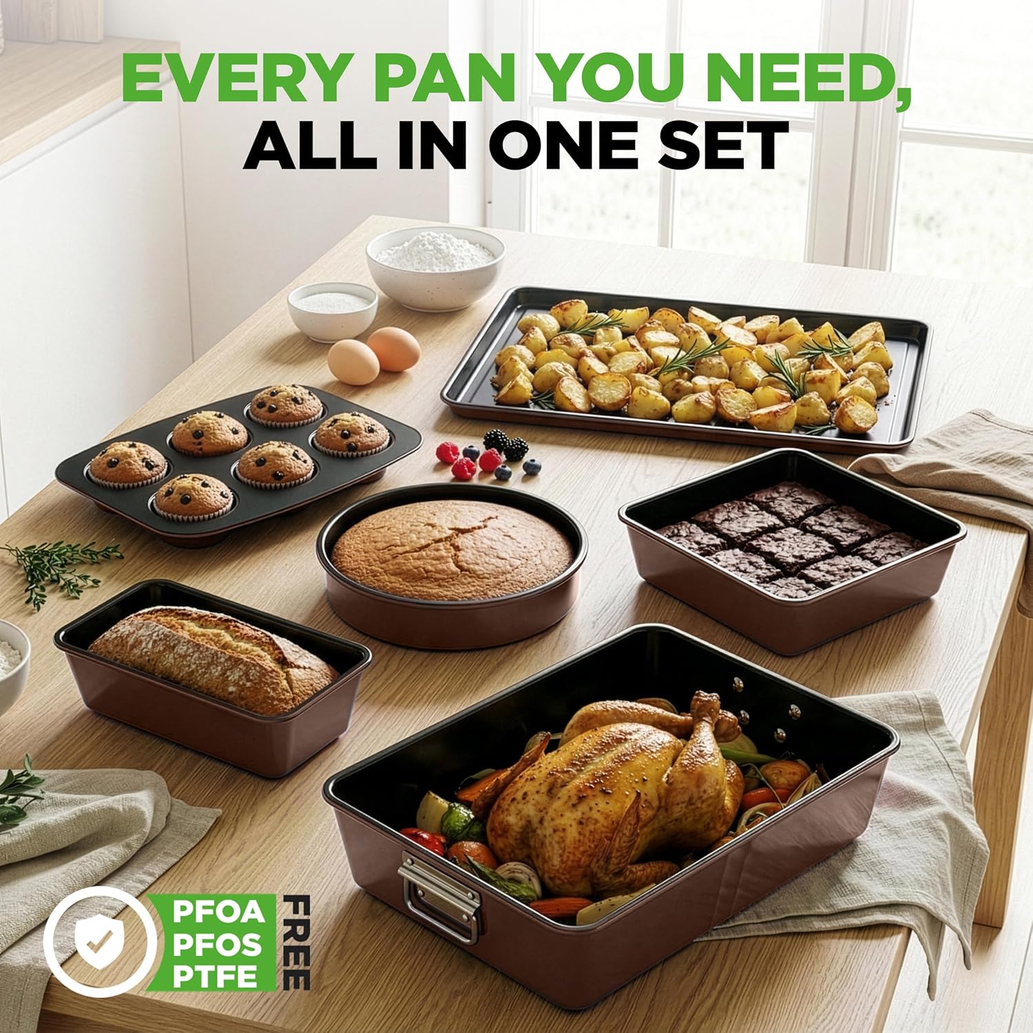 NutriChef 8-Piece Nonstick Bakeware Set - PFOA-Free Baking Trays, Oven Safe to 450°F, Brown