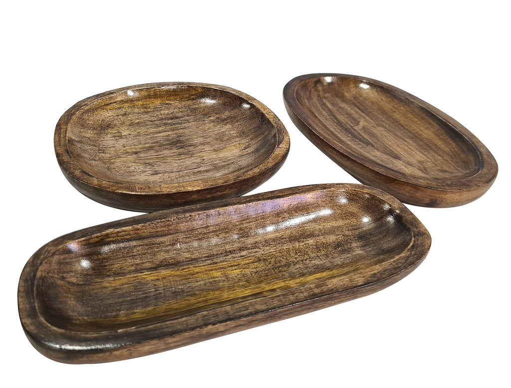 collectiblesBuy Handmade Rustic Brown Wooden Serving Platter Set of 3 Durable Trays for Salad, Snacks, Fruits, Kitchen Décor, Farmhouse Tableware