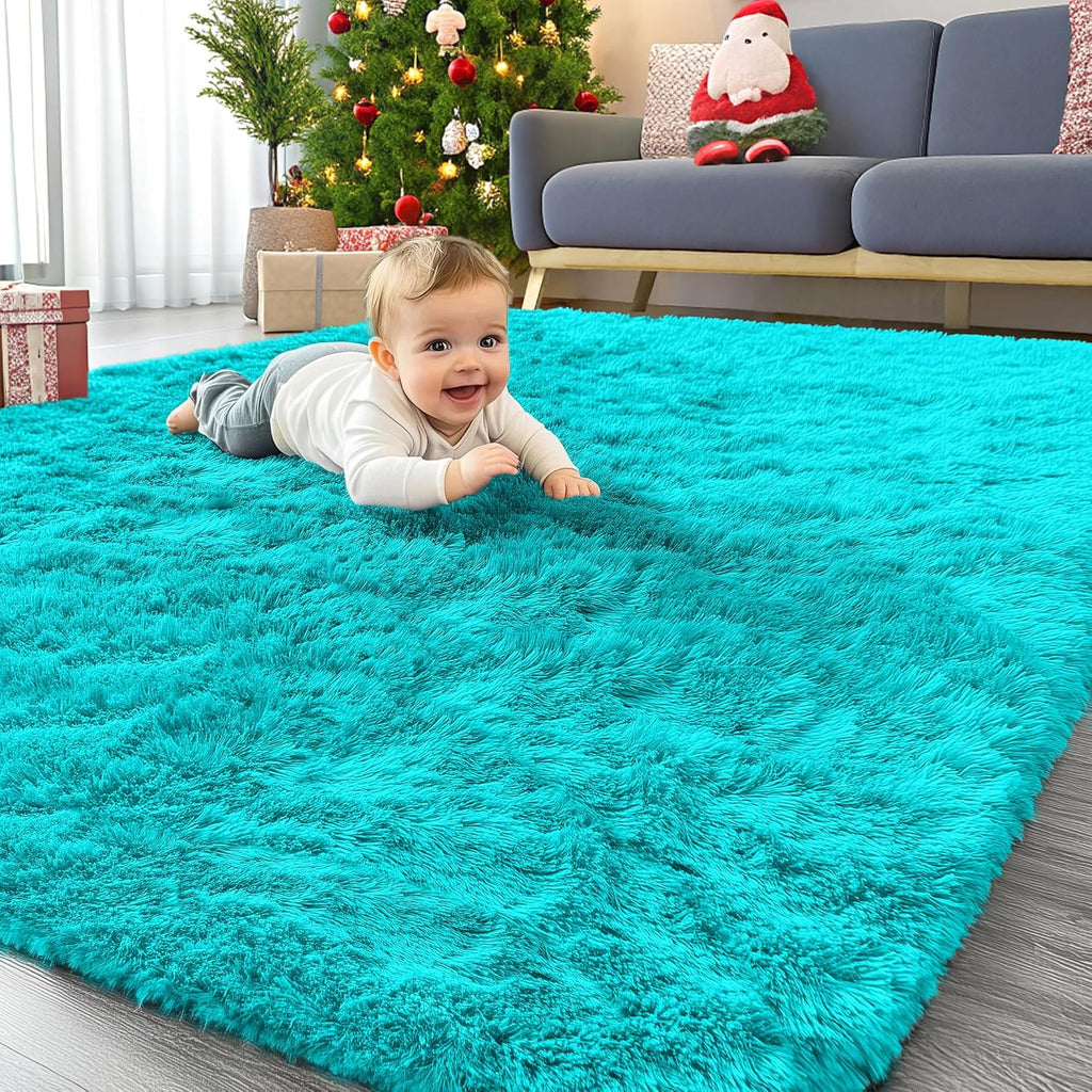 OLANLY Area Rug - Soft Fluffy Shaggy Carpet for Living Room & Bedroom | Machine Washable 4x5.9 ft in Teal Blue