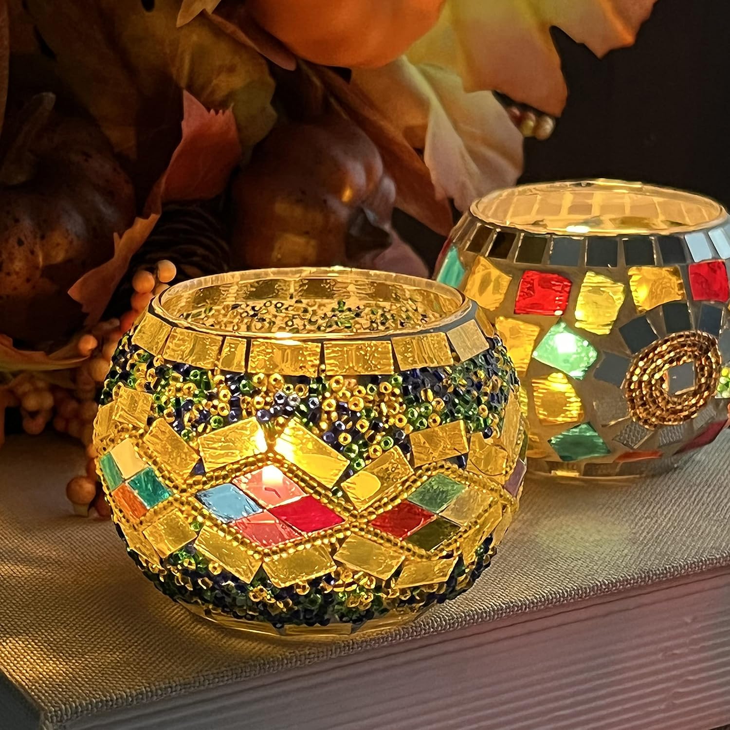 SHMILMH Glass Candle Holders - Handmade Mosaic Votive Set of 4 | Perfect for Diwali & Christmas Table Decor