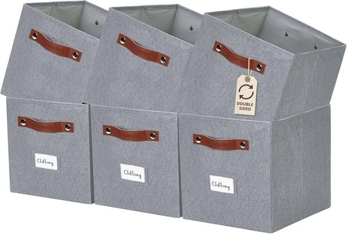 DECOMOMO Storage Bins - Fabric Cube Storage Bins with Labels for Shelves | 11" | 6-Pack, Texture Grey