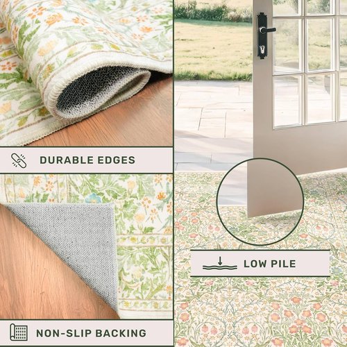 Hazo Haus Non-Slip Bathroom Runner Rug - Vintage Floral Design | Washable 24 x 72 Inch Mat in Beige Green