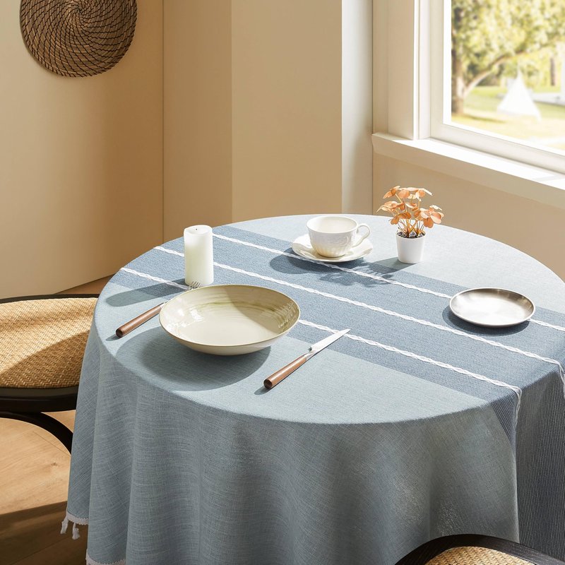 ZeeMart Contrast Linen Round Tablecloth 60 Inch Blue, Farmhouse Style Round Table Cloth Heavy Weight Dusty Blue Tablecloths, Water Resistant Burlap Table Cloths