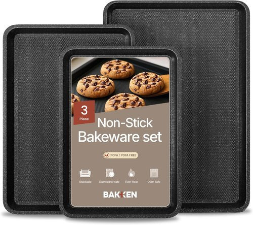 BAKKEN Nonstick Baking Pans Set - 3 Sizes with Diamond Texture Bottom, Oven Safe Up to 450°F | Gray Marble