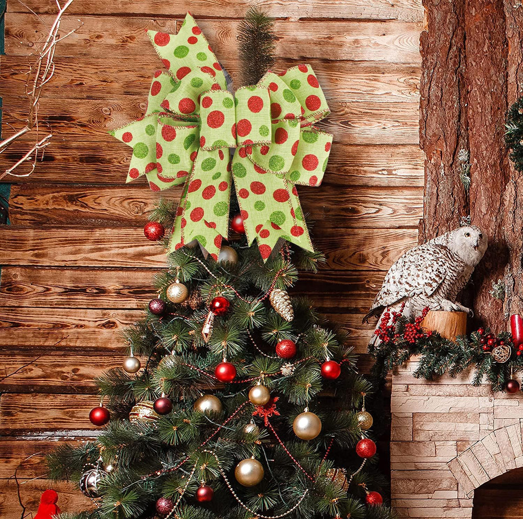 SIMISI Ribbon Christmas Bow - Rustic Green & Red Dots Burlap for Wreaths & Holiday Decor | 9.5 x 13 Inch
