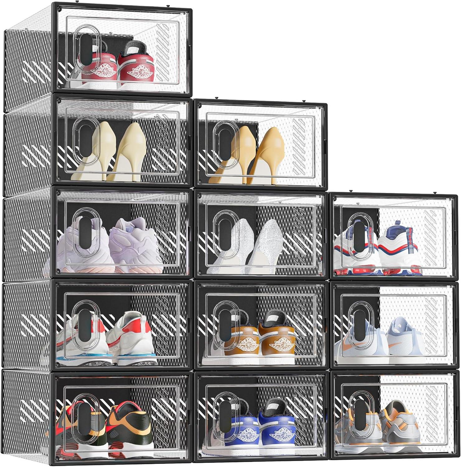 SIMPDIY Shoe Organizer - 12 Pack Clear Plastic Stackable Shoe Storage Containers | Size 10, Black