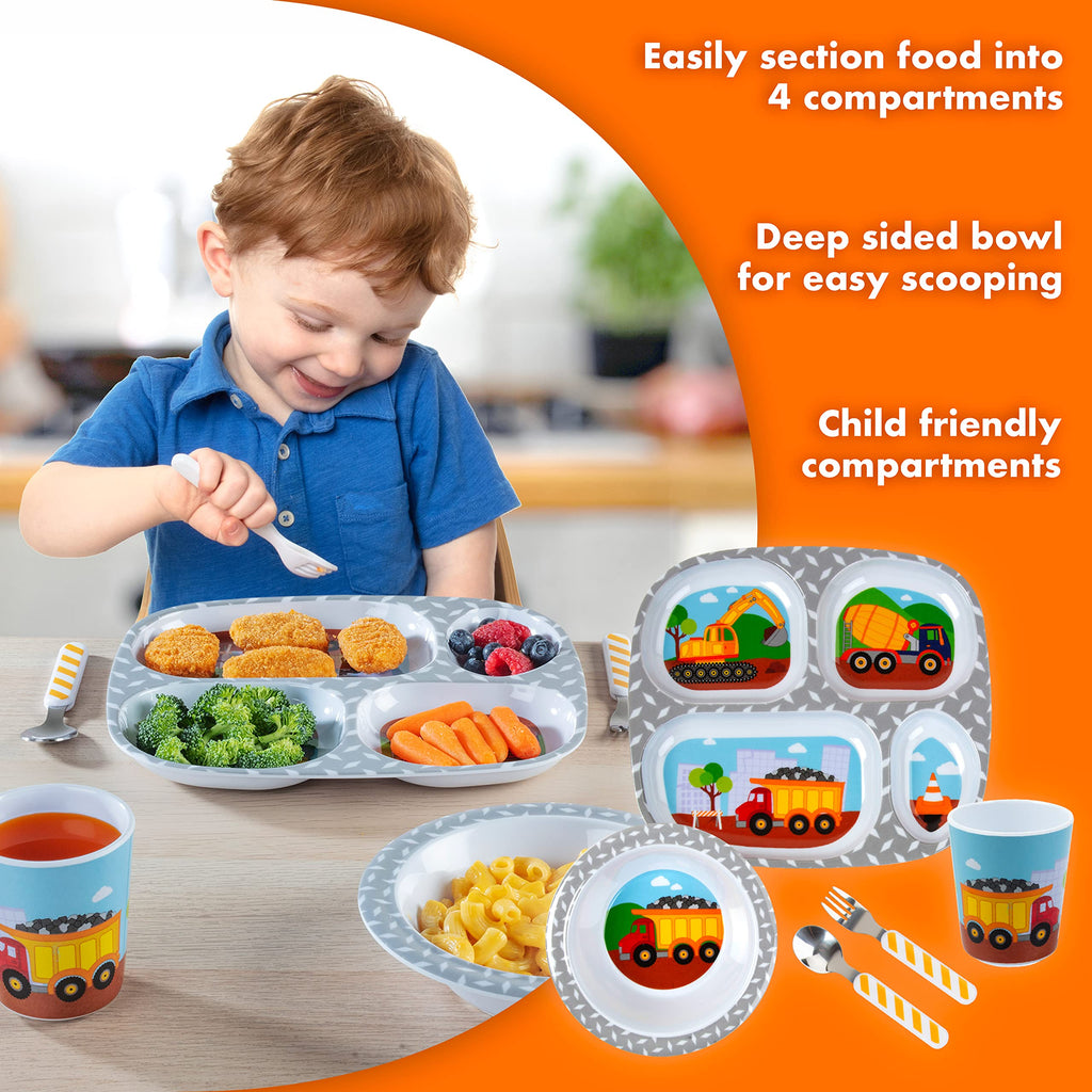 Bentology 5-Piece Construction Theme Mealtime Set - Includes Plate, Bowl, Utensils, and Glass - Dishwasher Safe, BPA Free, Cute Compartment Dish for Easy Self-Feeding