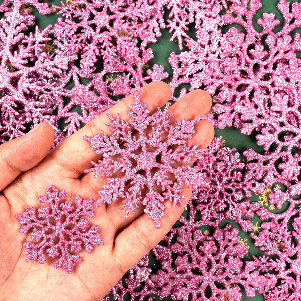 Skiennix 36-Piece Christmas Light Pink Snowflake Ornaments - Glittery Plastic Decor for Winter Trees