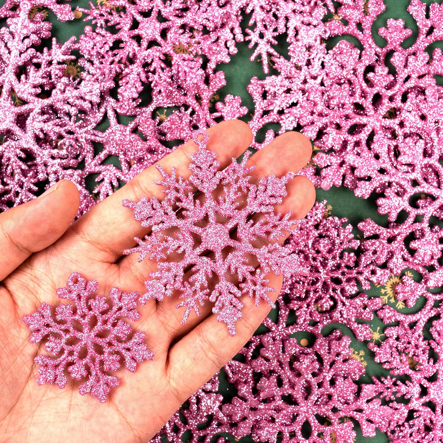 Skiennix 36-Piece Christmas Light Pink Snowflake Ornaments - Glittery Plastic Decor for Winter Trees