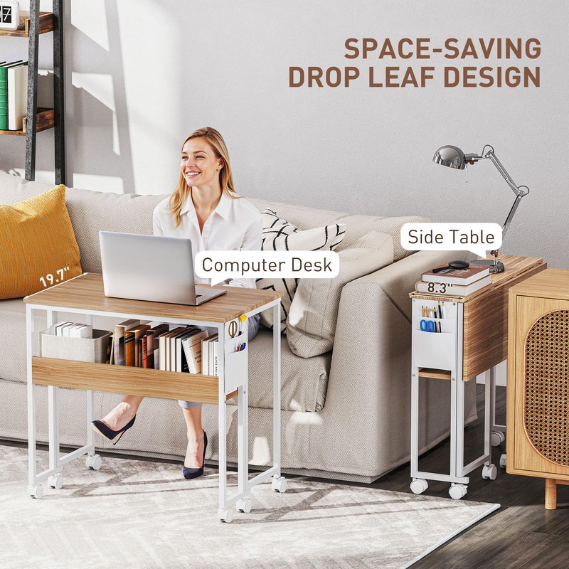HOMCOM Small Folding Desk, Rolling Computer Desk Foldable with Storage Bag and Shelf, 31.5" Portable Writing Table on Wheels for Small Spaces, Home Office, Study, Easy Assembly, Natural Wood