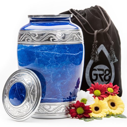 Large Blue Marble Finish Cremation Urn for Ashes Adult – Cremation Urn for Human Ashes – Decorative Funeral Memorial Urn