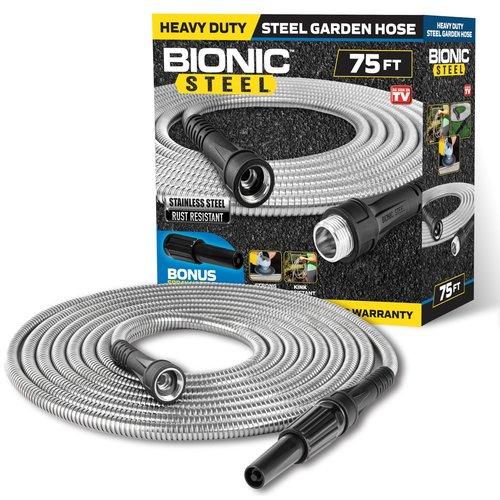 Bionic Steel 75 Ft Garden Hose with Nozzle, Premium 304 Stainless Steel Metal Water Hose 75Ft, Flexible, Rust Proof, Lightweight, Heavy Duty, Crush Resistant Fittings, Easy Coil, 500 PSI, 2025 Model