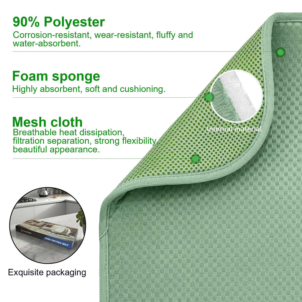 FULL BE DARE 2 Packs Dish Drying Mats for Kitchen Counter, Drying Matt Kitchen Counter, Sage Green Kitchen Dish Drying Mat & Dish Dryer Mat for Drying Dishes, 20 x 15 inches (Green)