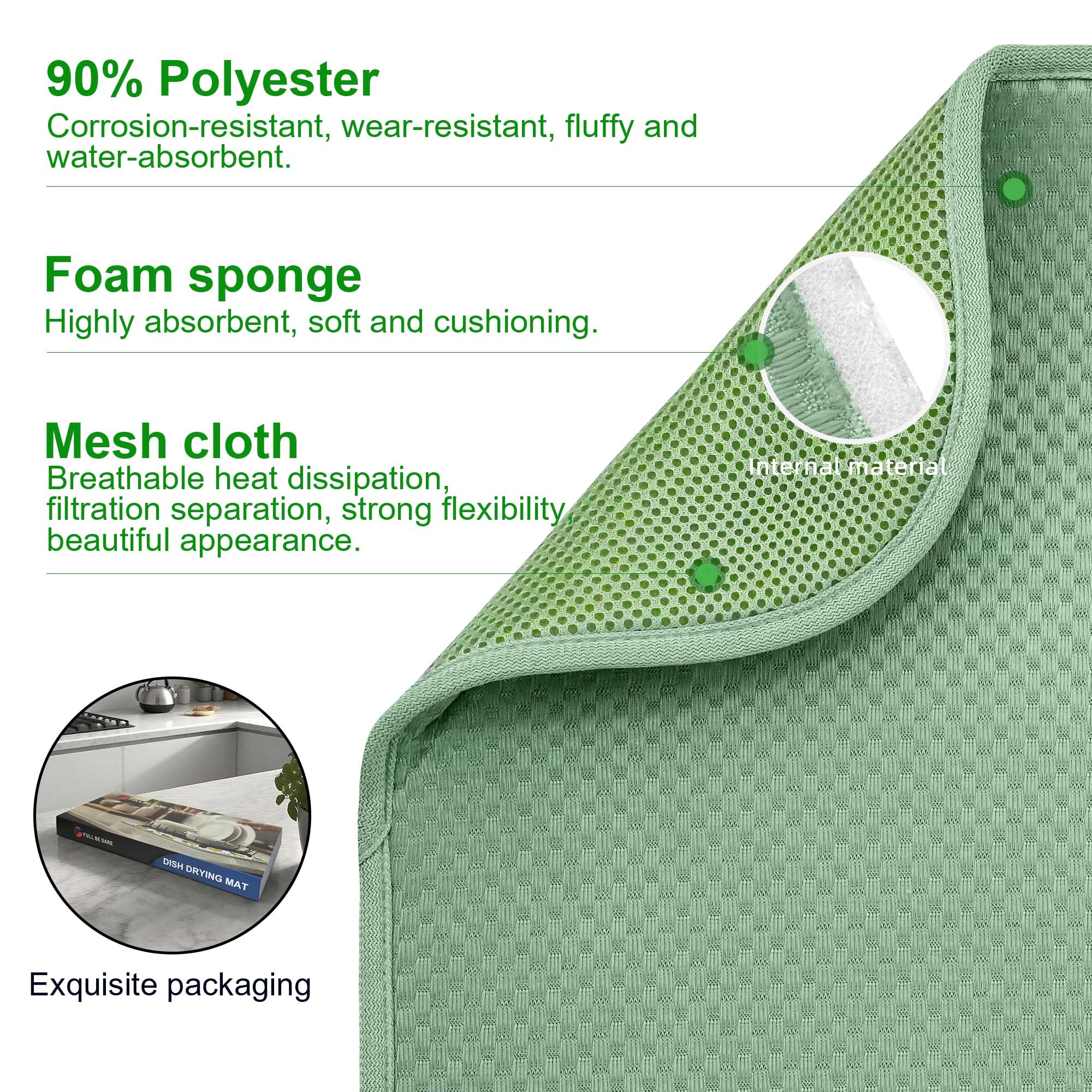 FULL BE DARE 2 Packs Dish Drying Mats for Kitchen Counter, Drying Matt Kitchen Counter, Sage Green Kitchen Dish Drying Mat & Dish Dryer Mat for Drying Dishes, 20 x 15 inches (Green)