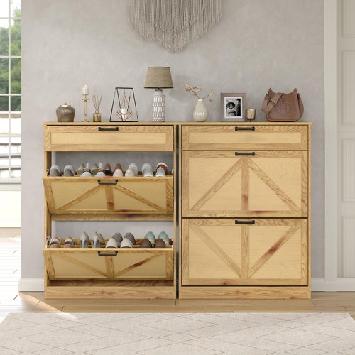 Diwnnue Wooden Shoe Storage Cabinet with 2 Rattan Flip Drawers, Farmhouse Freestanding Organizer for Hallway, Entryway, Foyer, Narrow Shoe Rack Cabinet, Rustic Oak Rattan
