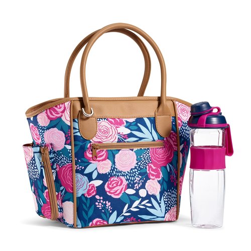 Fit & Fresh Beechwood Large Lunch Bag For Women With Side Pouches & Carry Handles, Complete Lunch Kit Includes Matching Shaker Bottle, Navy Lorella Posey