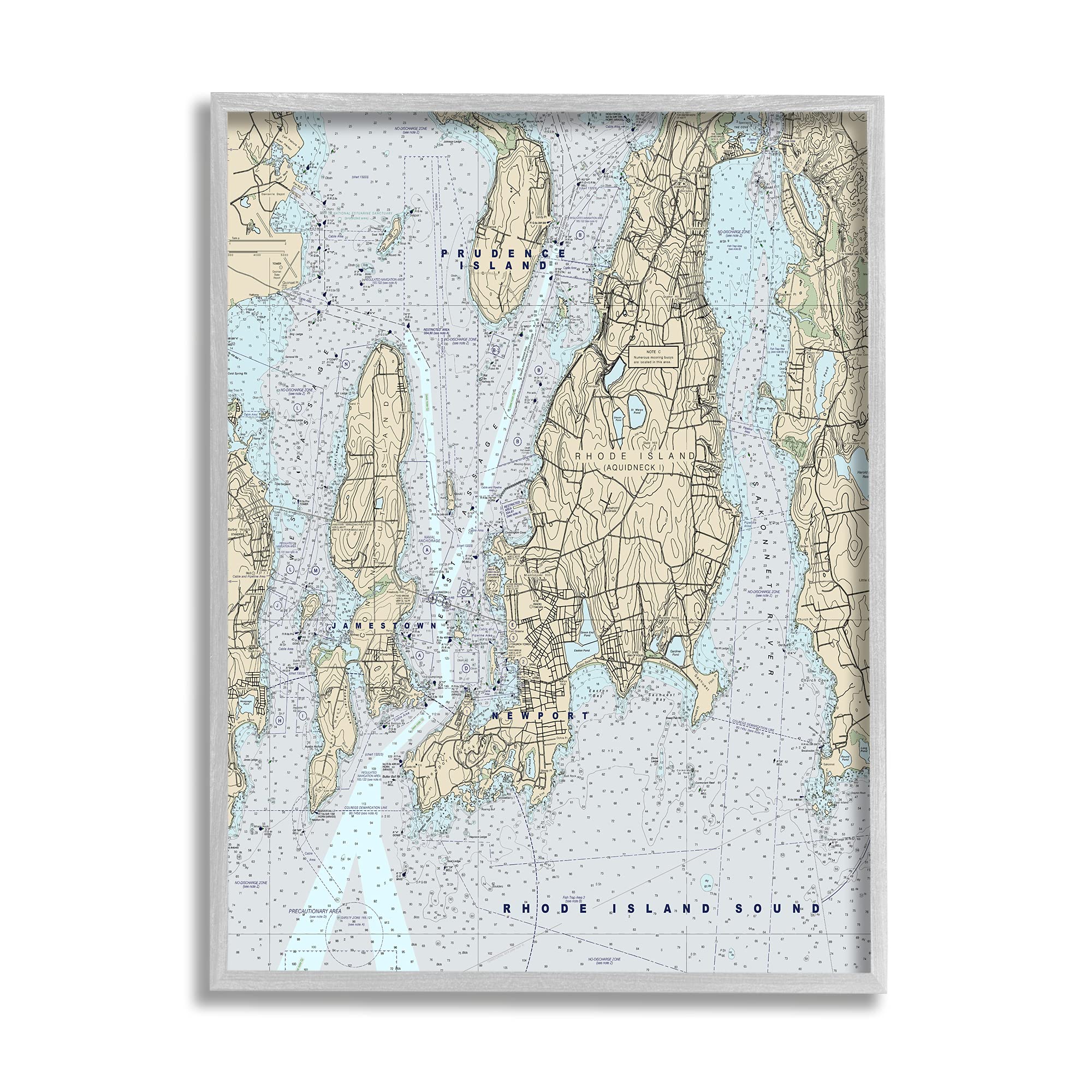 Stupell Industries Rhode Island Coastal Map Prudence Jamestown Newport, Designed by Daphne Polselli Gray Framed Wall Art, Grey