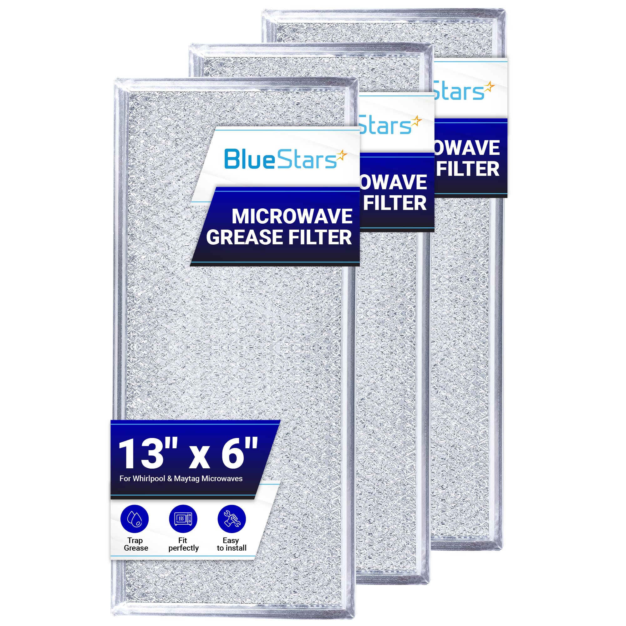 BlueStars Ultra Durable 3-Pack W10208631A Microwave Grease Filter Replacement 13x6in Aluminum Mesh Screen Grease Filter - Compatible with Whirlpool G.E Microwaves