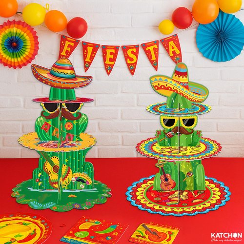 KatchOn, 2Pcs Fiesta Cupcake Stand – 3 Tier Cactus Cupcake Holder for Summer, Taco Party, Cinco de Mayo, Tropical Theme, Mexican Birthday, Fiesta Decorations, Cactus Party Supplies