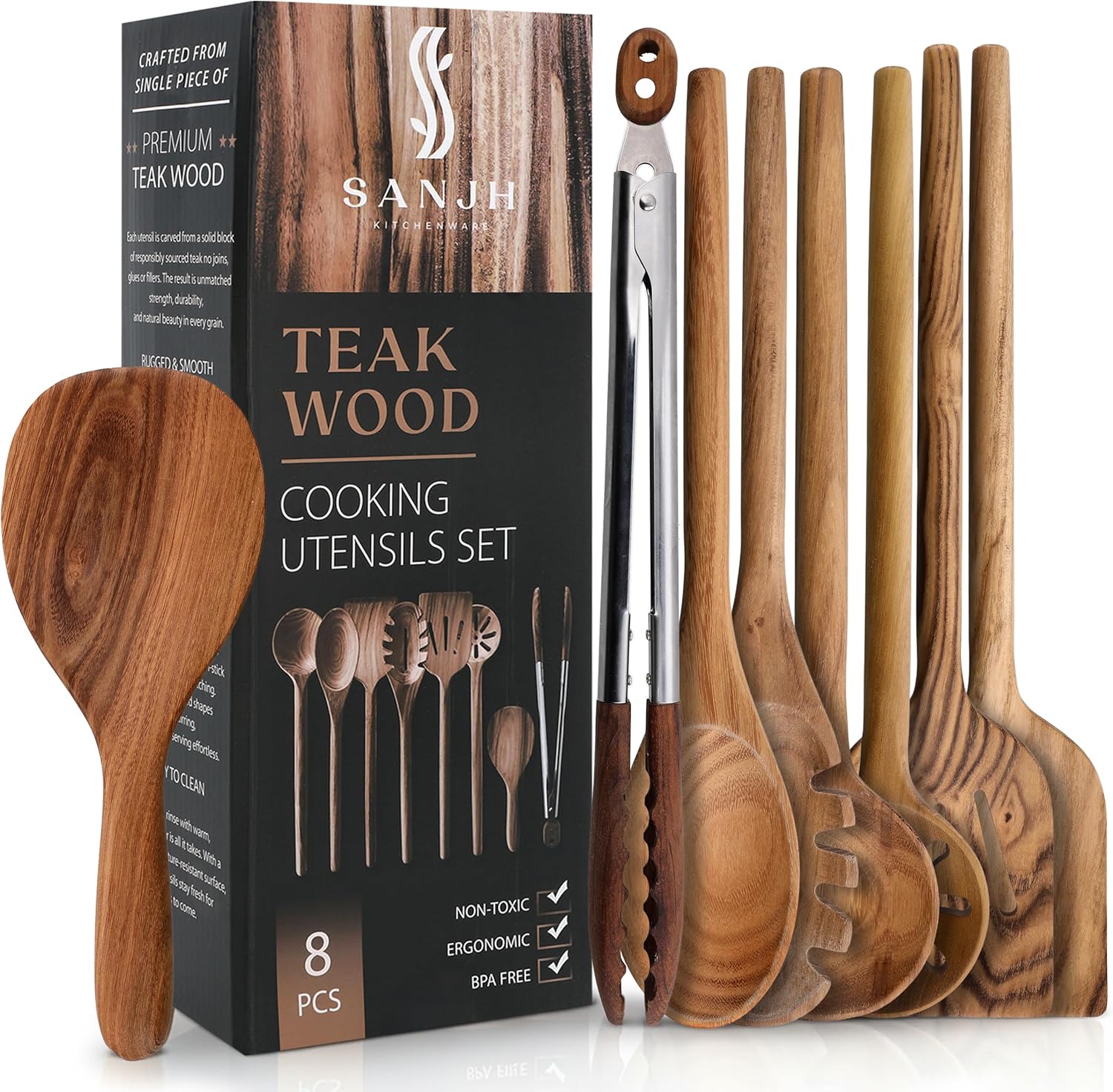 Skiennix 8-Piece Teak Wooden Cooking Spoons Set | Smooth-Sanded Utensils with Comfortable Grip Handles