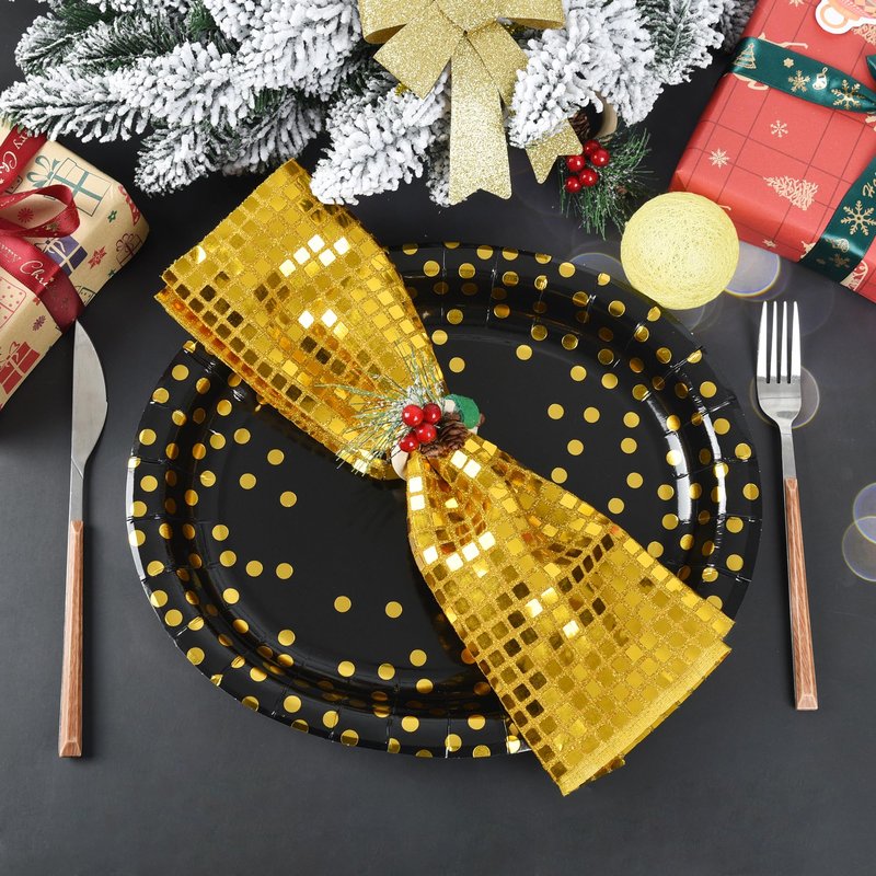 AimFun Black Gold Oval Paper Plates Golden Polka Dot Disposable Oval Party Platters 10" X 12" Large Decorative Serving Tray for Graduation Wedding Bridal Party Supplies (50, Black Gold)