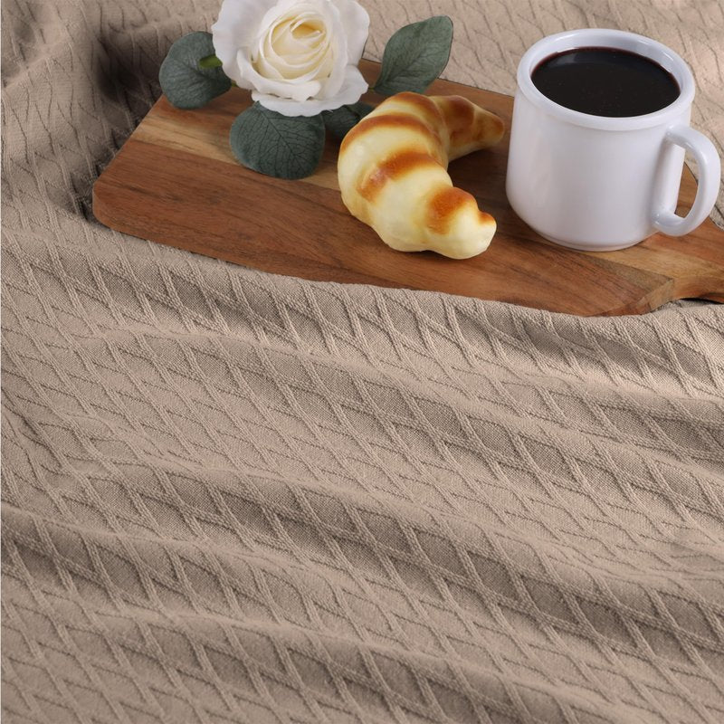 Superior Diamond Weave Blanket, 100% Cotton Cover for Home, Couch, Bed, Soft, Warm Blankets, Boho Aesthetic, Comfy, Cozy, and Cute Covers, Decorative Bedding Essentials, King, Khaki
