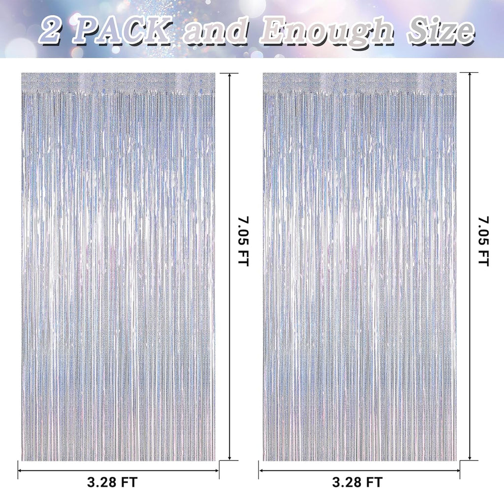 Skiennix Silver Metallic Tinsel Foil Curtains - 2 Pack Glitter Fringe Backdrop | 3.28 FT x 7.05 FT for Parties