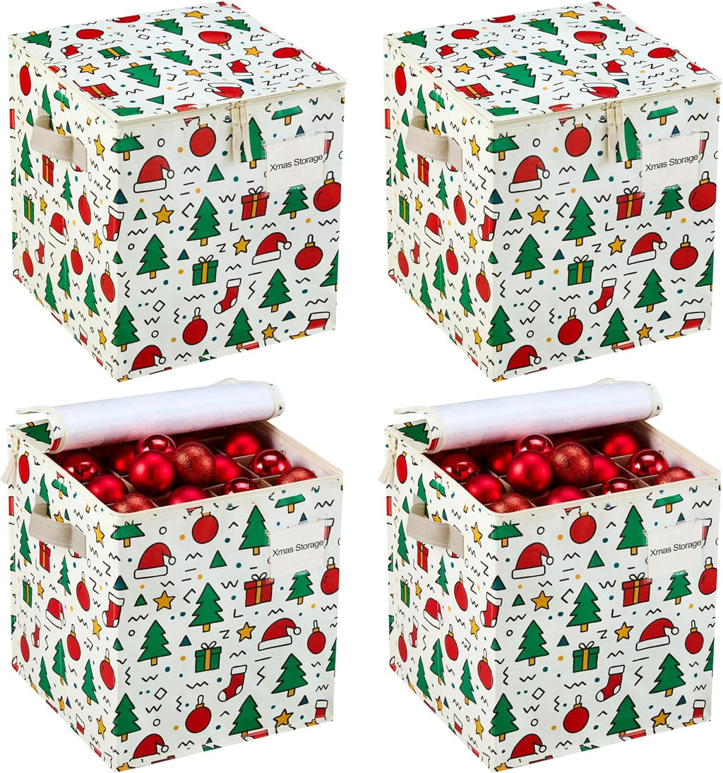 VENO Christmas Ornament Storage Box - 4 Pack for 64 Ornaments | Adjustable Dividers & Zippered Top, Jingle Mix