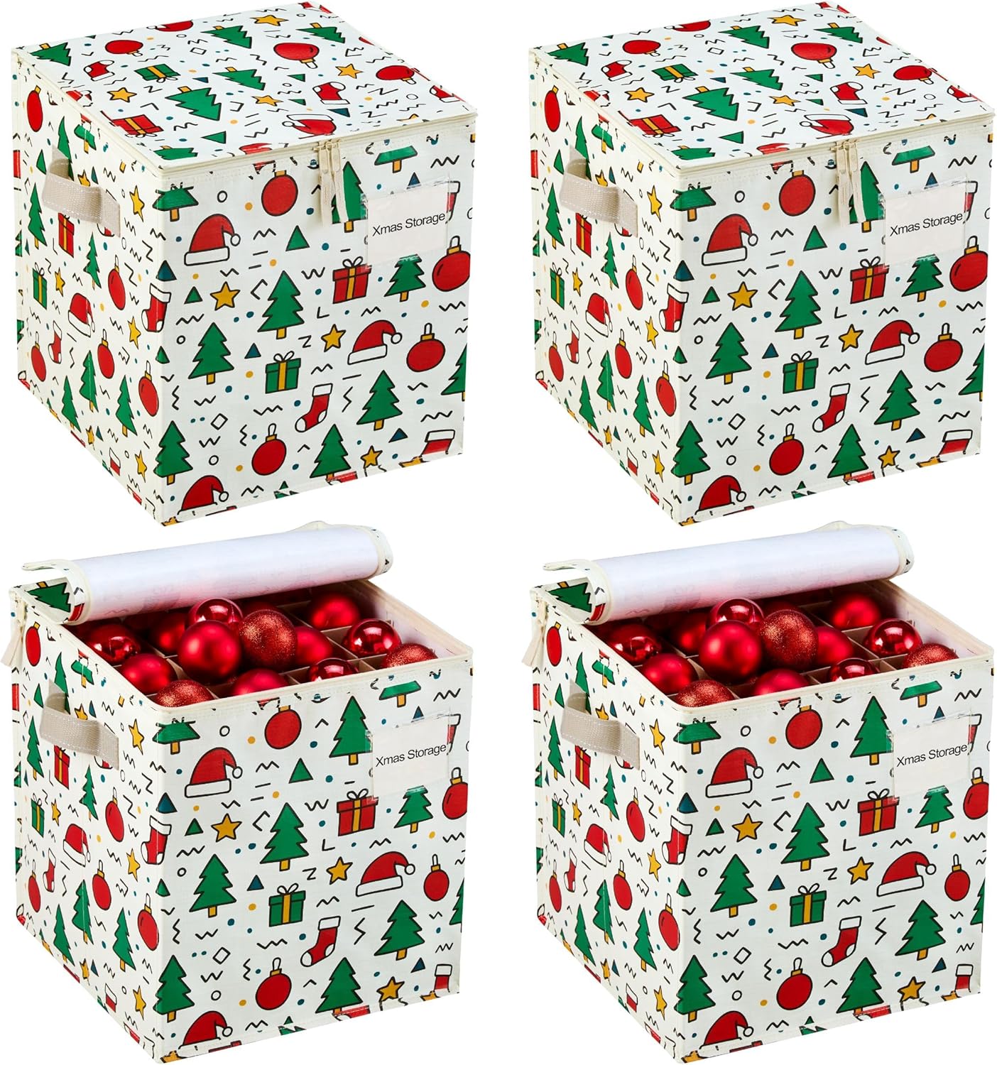 VENO Christmas Ornament Storage Box - 4 Pack for 64 Ornaments | Adjustable Dividers & Zippered Top, Jingle Mix