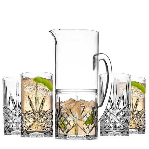 Godinger Pitcher and Highball Drinking Glasses Set, Acrylic Shatterproof Water Jug Pitcher with Tall Drinking Cups - Dublin Collection
