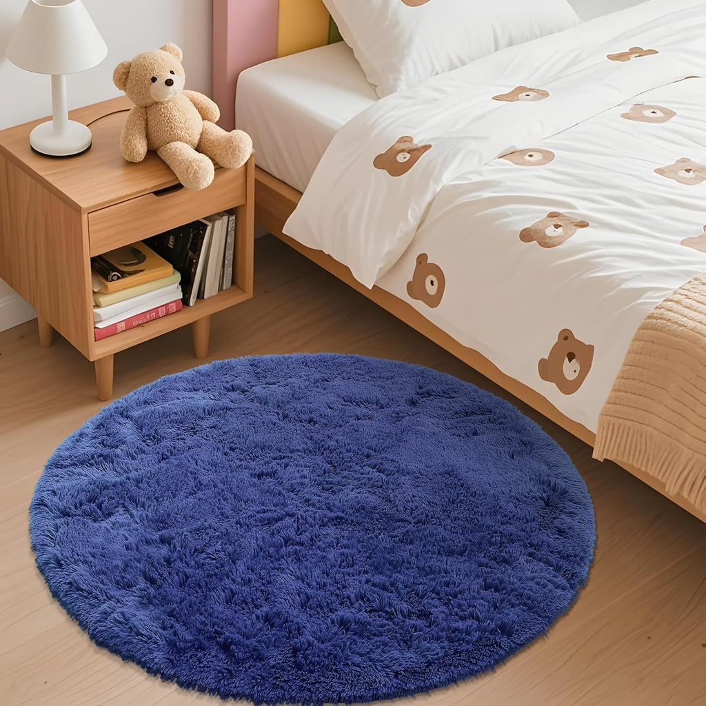 OLANLY Navy Blue Round Area Rug - Soft, Fluffy, Machine Washable 3 ft Carpet for Bedroom & Living Room Decor