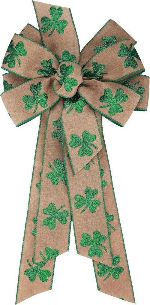 Meseey St. Patrick's Day Wreath Bow - 24" Green Clover Burlap Shamrock for Door & Tree Decor