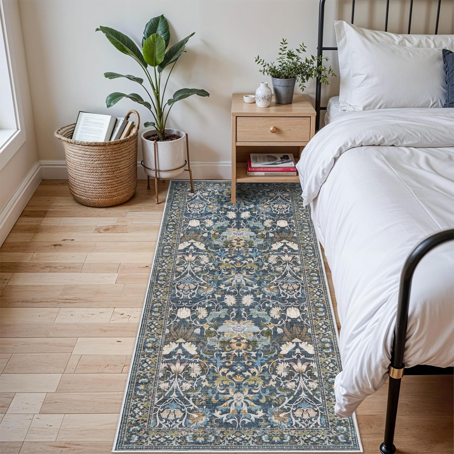 Skiennix Vintage Washable Entryway Area Rug - Soft Non-Slip Kitchen Runner | 3x6 Floral Blue Design