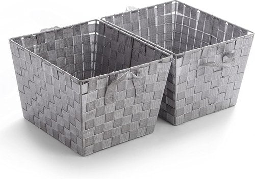 BINO Woven Strap Storage Basket - Stylish Organizer With Carry Handles | Large Light Grey, 2-Pack