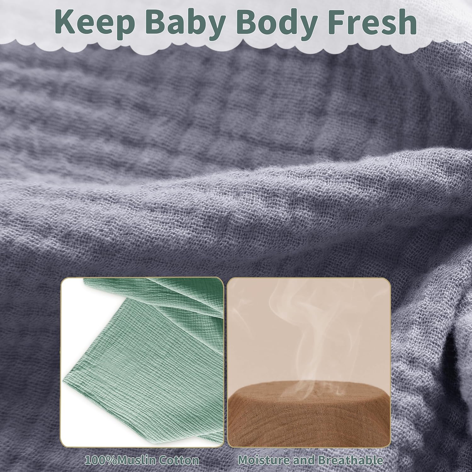 Skiennix Muslin Swaddle Blankets - Soft & Breathable 41 x 41 Inches, 2 Pack for Newborns | Gray & Green