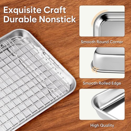 Fire More Stainless Steel Baking Sheet & Cooling Rack Set - 2 Cookie Sheets & Racks, Heavy Duty, Easy Clean, 12.4 x 9.6 x 1 Inch