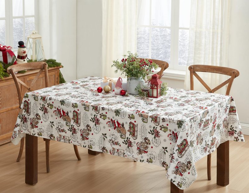 Newbridge Vintage Nostalgia Christmas 60 x 102 Inch Rectangle Vinyl Tablecloth with Flannel Backing – Retro Santa Claus, Snowman & Sleigh Holiday Print Easy-Care Wipe Clean Table Cover