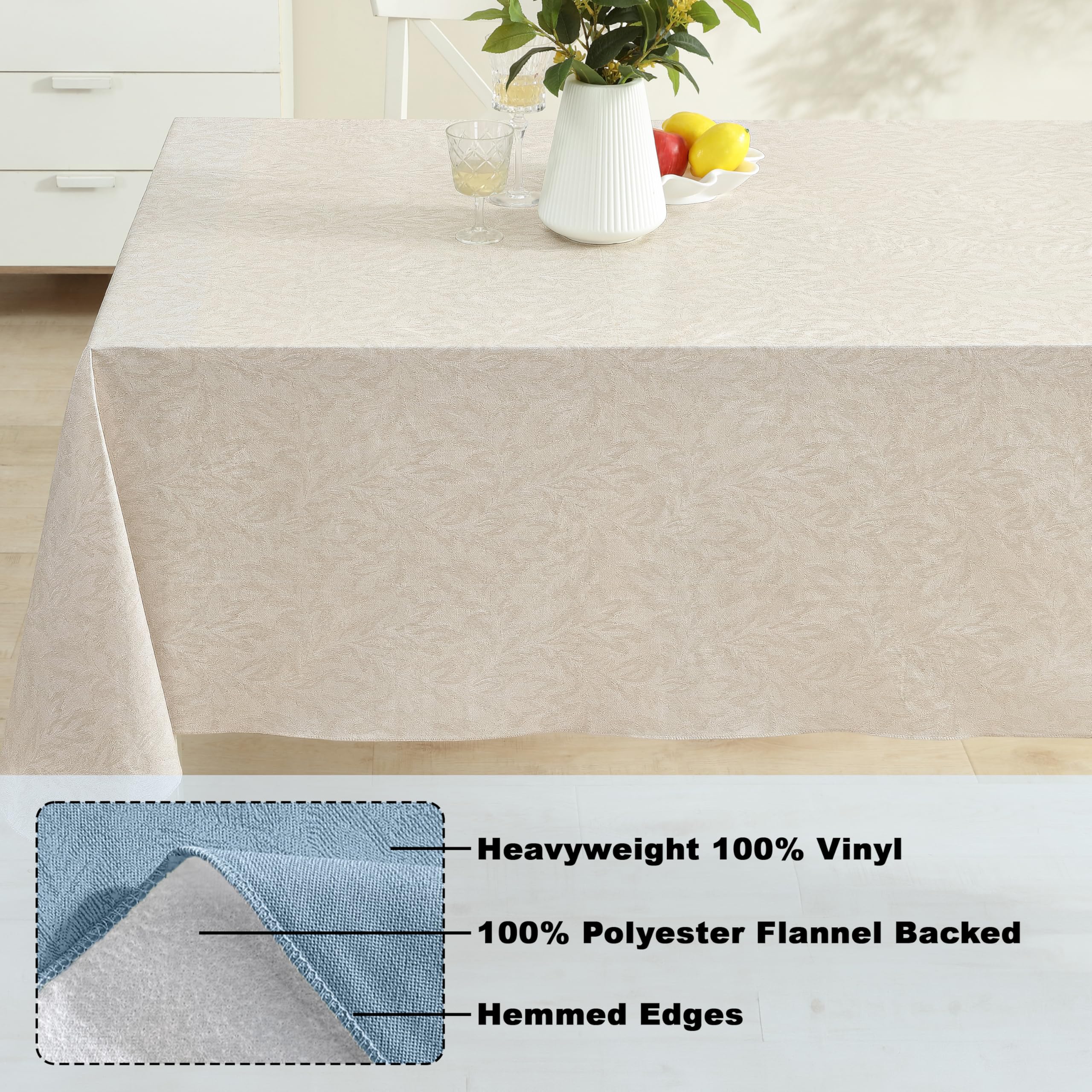 Newbridge Napa Leaf Taupe Vinyl Flannel Backed Tablecloth, 52 x 70 Inch Rectangle, Hotel Quality Waterproof Indoor Outdoor Table Cover for Kitchen, Patio, Dining, BBQ
