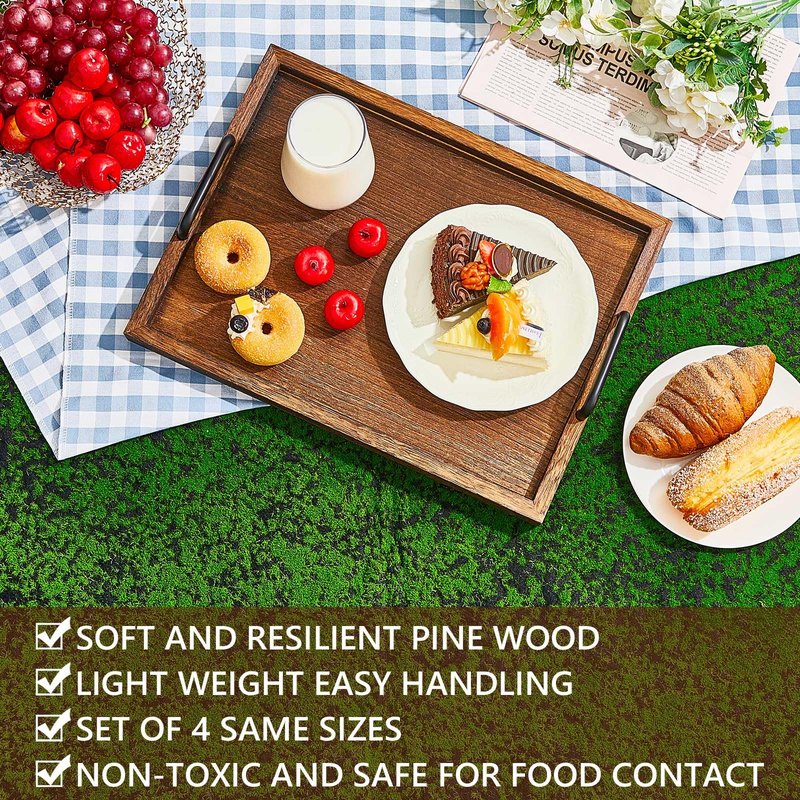 4 Pcs Large Wooden Serving Tray Decorative 15.8 x 11.8 x 1.2 in Ottomantray Rustic with Handle Coffee Table Wood Tray Kitchen Platter for Christmas Thanksgiving Party Gift Breakfast Wedding(Brown)