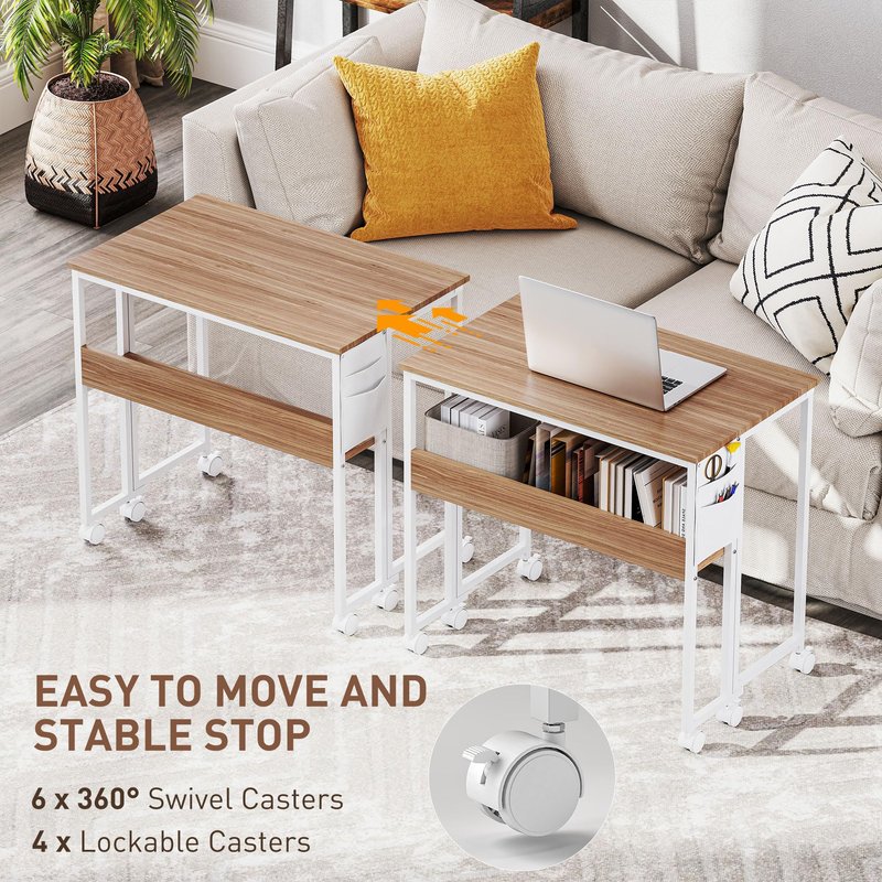 HOMCOM Small Folding Desk, Rolling Computer Desk Foldable with Storage Bag and Shelf, 31.5" Portable Writing Table on Wheels for Small Spaces, Home Office, Study, Easy Assembly, Natural Wood
