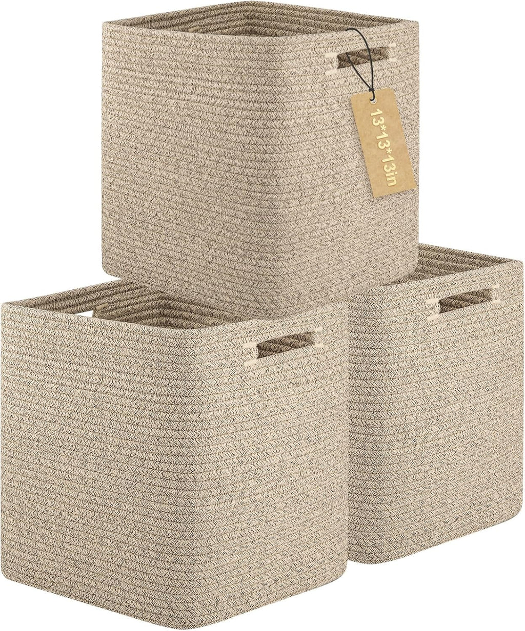 OIAHOMY Storage Cubes - 13-Inch Collapsible Organizer Bins for Shelves | Brown, 3-Pack