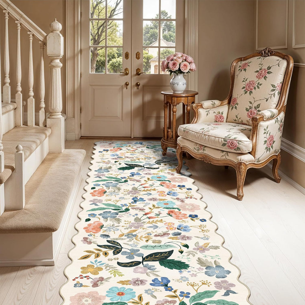 Skiennix Washable 2x8 Hallway Runner Rug - Vintage Floral Design | Water-Resistant & Ultra Soft Indoor Mat (Cream)