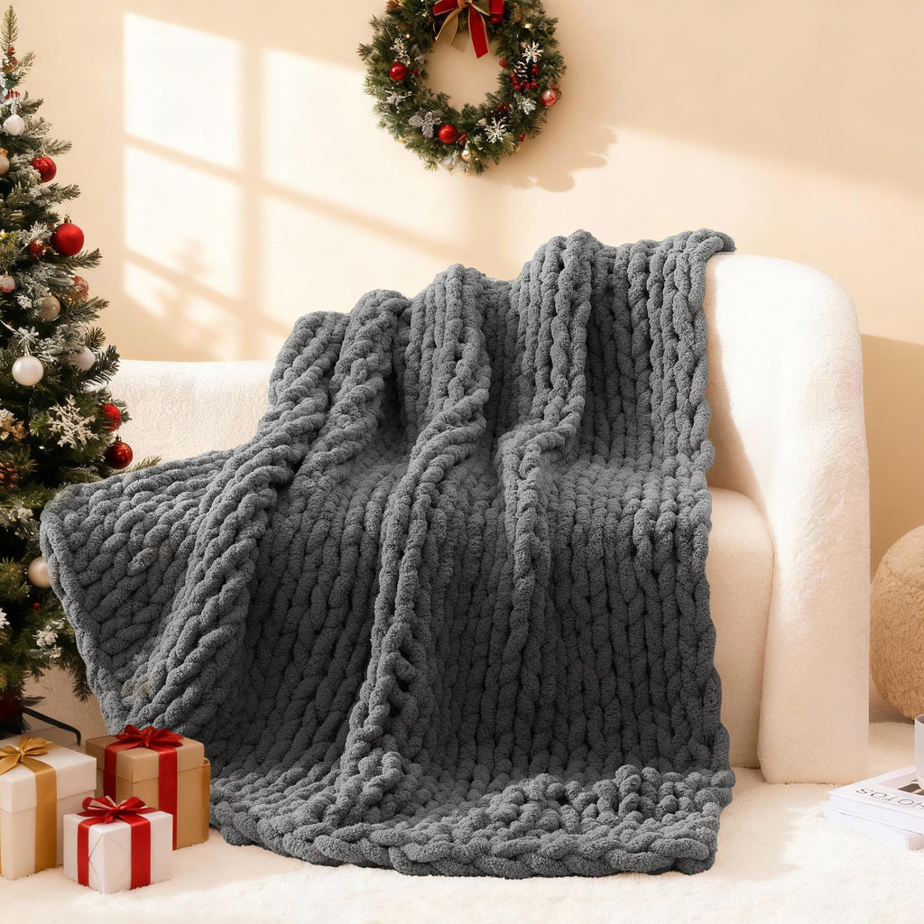 WRENSONGE Chunky Knit Blanket Throw Dark Grey Large Soft Fluffy Cable Knit Crochet Throw 100% Hand Knitted Blanket for Couch Bed(40"x40")