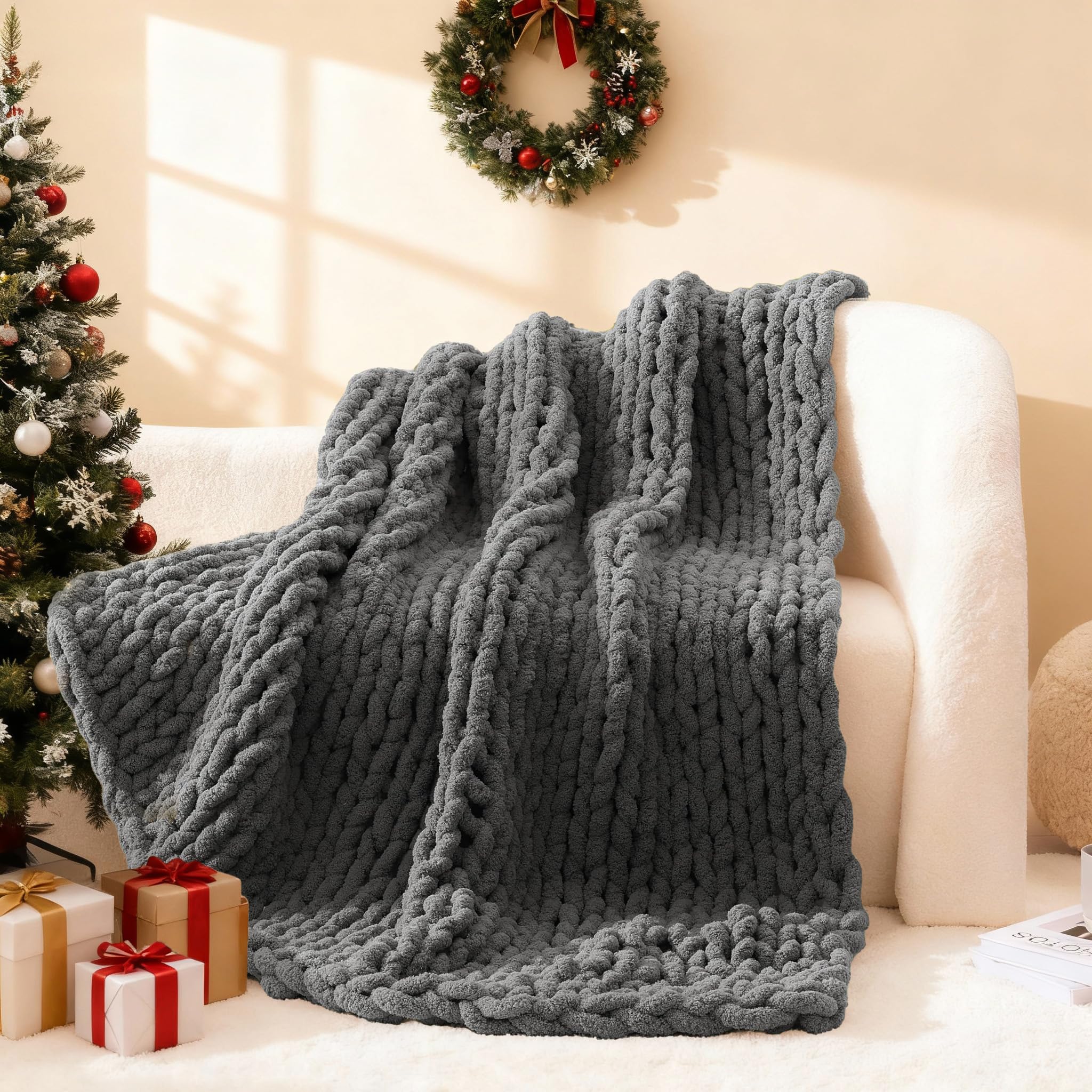 WRENSONGE Chunky Knit Blanket Throw Dark Grey Large Soft Fluffy Cable Knit Crochet Throw 100% Hand Knitted Blanket for Couch Bed(40"x40")