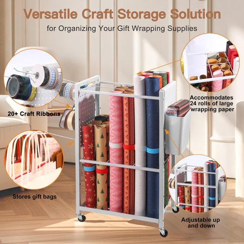 Essenhome Adjustable Wrapping Paper Organizer Cart With 12Pcs Slap Bands, Rolling Wrapping Paper Storage,Gift Wrap, Blueprint Storage, Craft Organizers