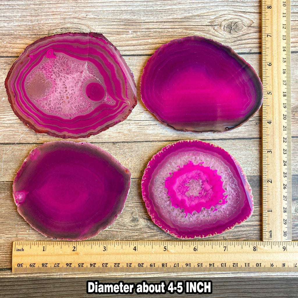AMOYSTONE Pink Agate Slice Coasters Large 4-5 INCH, Set of 4 Natural Stone Cup Mat with Rubber Bumpers, Home Decor