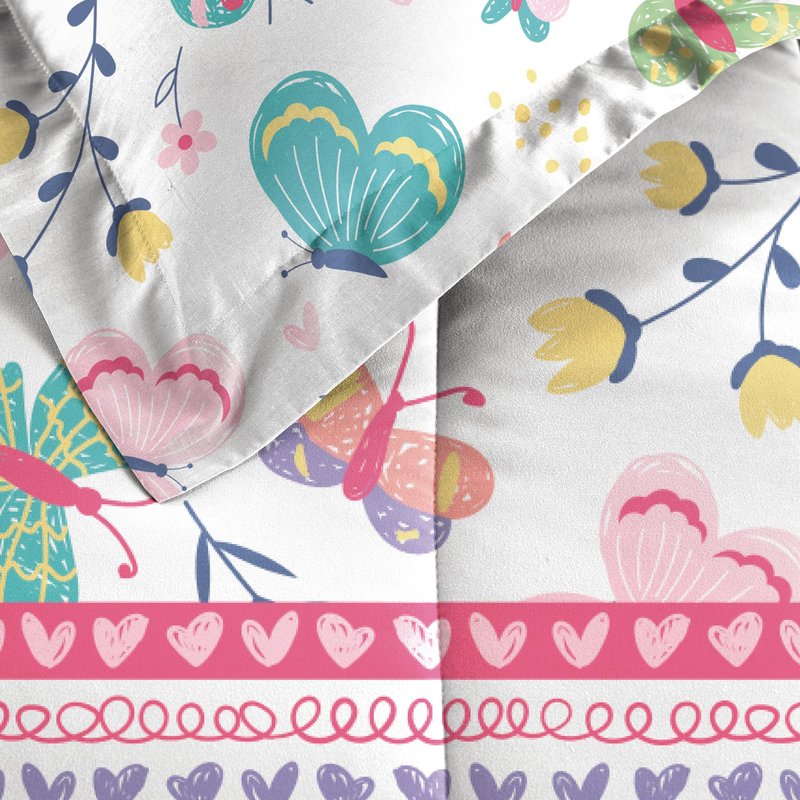Dream Factory Kids 5-Piece Complete Bed Set Easy-Wash Super Soft Microfiber Comforter Bedding, Twin, Pink Butterfly Garden
